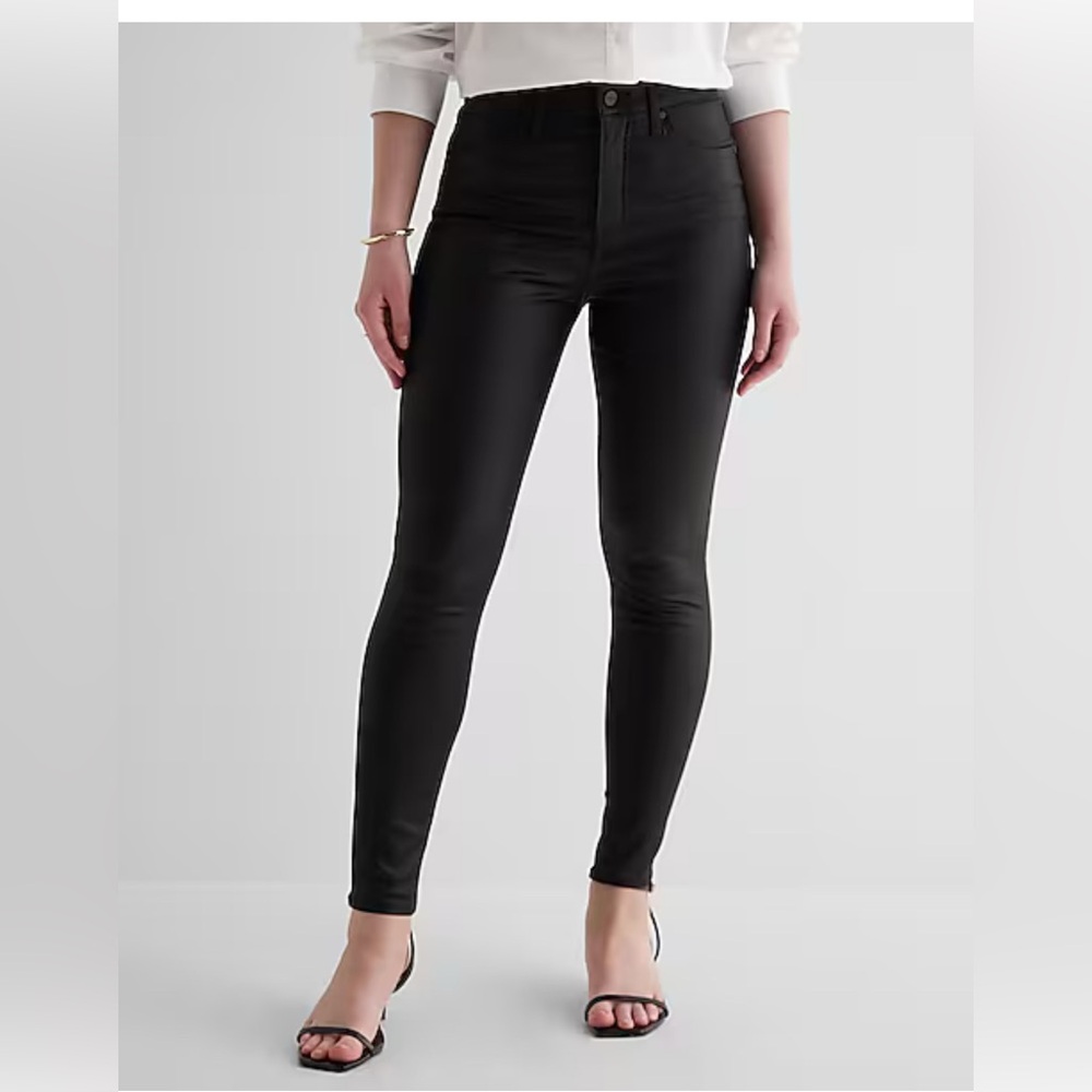 Express Shiny Black Button-Detail Pants coated faux leather look curvy - Picture 1 of 9